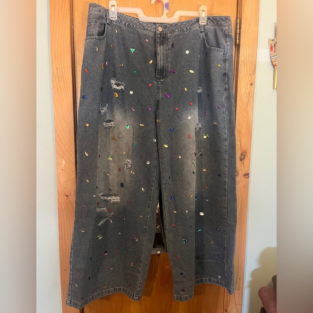 Embellished Denim Wide Leg Jeans